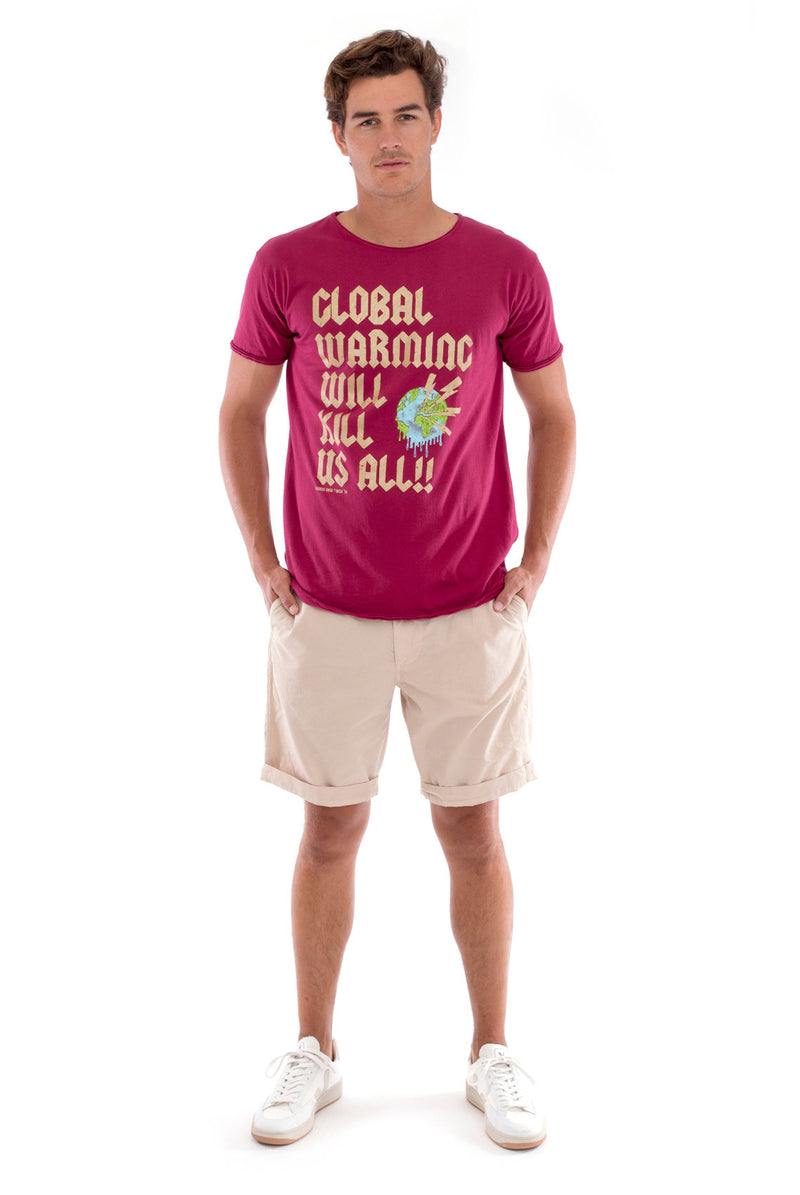 Global warming will kill… - Round Neck - Cut Off - Tshirt - Colour Garnet and Raven shorts - Colour Sand -1