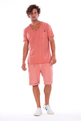 V neck - Tshirt - Cut Off - with pocket - Colour Clay and Raven shorts - Colour Clay -1