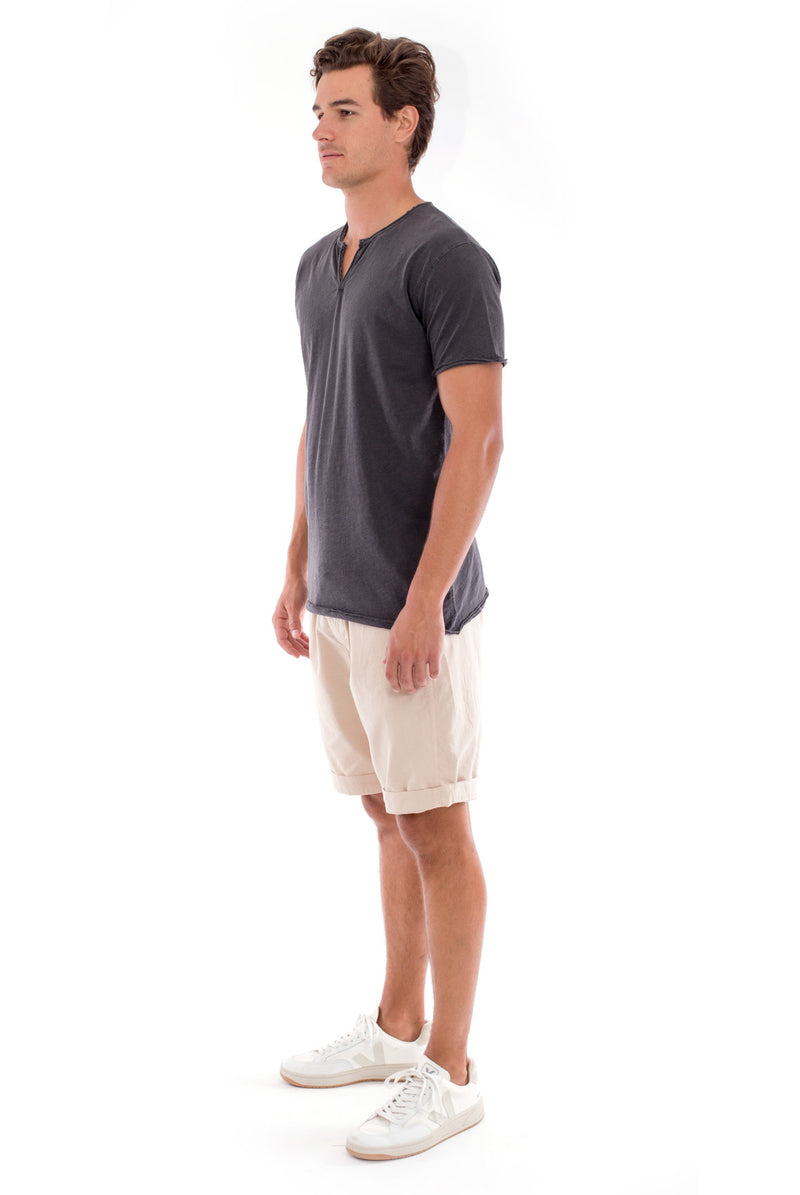Eros Tee - Cut Off - Open Neck - Tshirt - Colour Anthracite and Raven shorts - Colour Sand 3