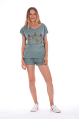 Natural Rebel - V Neck - Loose Fit - Top - Colour Green and sunset mini shorts - Colour Green - 1