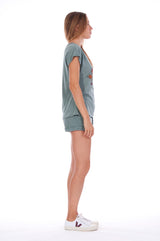 Natural Rebel - V Neck - Loose Fit - Top - Colour Green and sunset mini shorts - Colour Green - 3