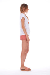 Natural Rebel - V Neck - Loose Fit - Top - Colour White and sunset mini shorts - Colour Clay - 3