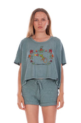 Natural Rebel - Round Neck - Wide - Loose Fit - Top - Colour Green and sunset mini shorts - Colour Green -2