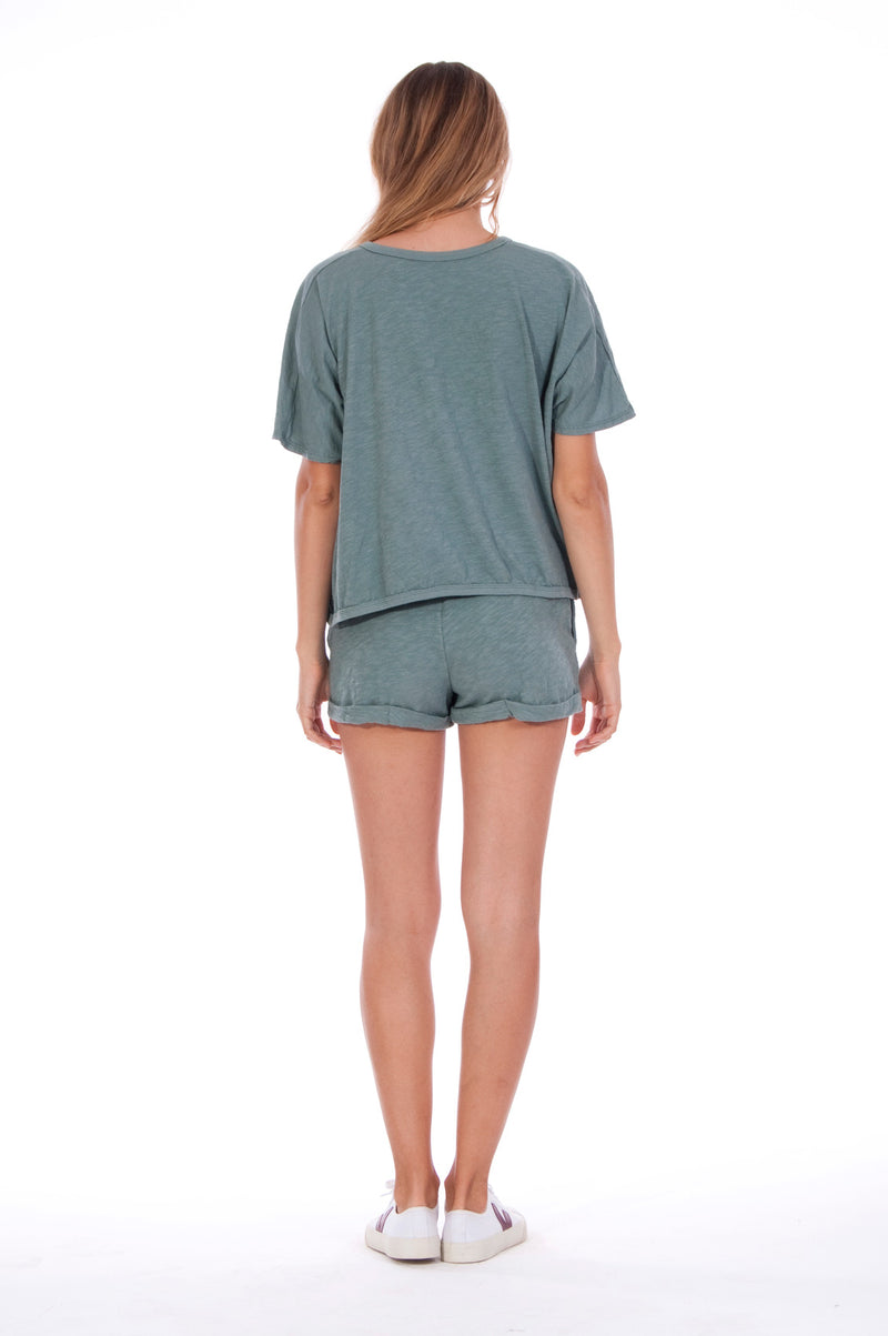 Natural Rebel - Round Neck - Wide - Loose Fit - Top - Colour Green and sunset mini shorts - Colour Green -4