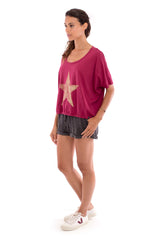 Star - Round Neck - Loose Fit - Top - Colour Garnet and sunset mini shorts - Colour Anthracite-3