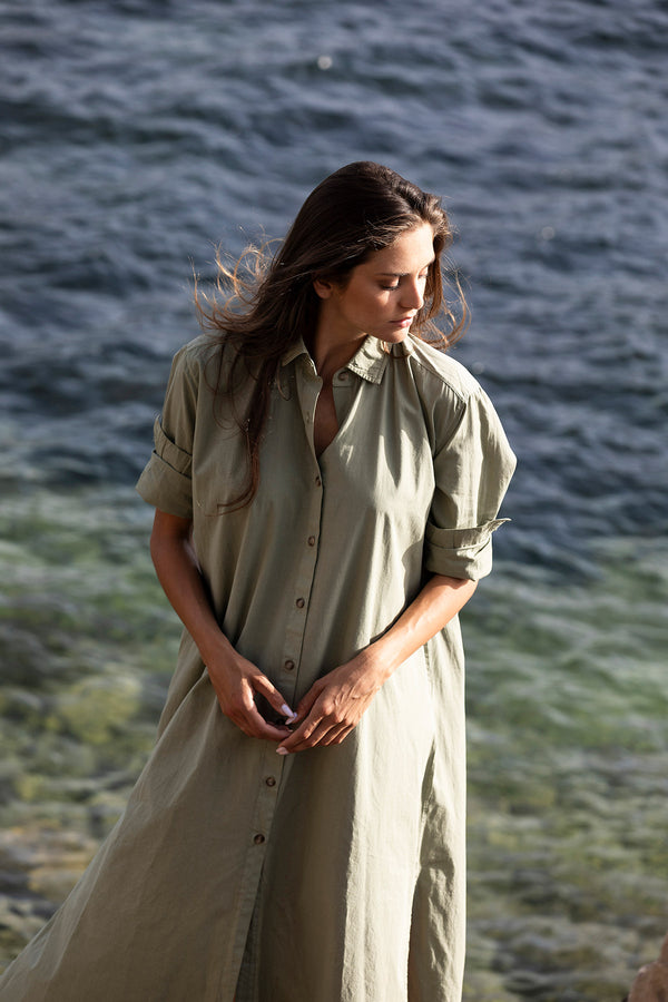safari style shirt dress Linen Shirt Dress with Pockets/ Sand Safari Style Dress