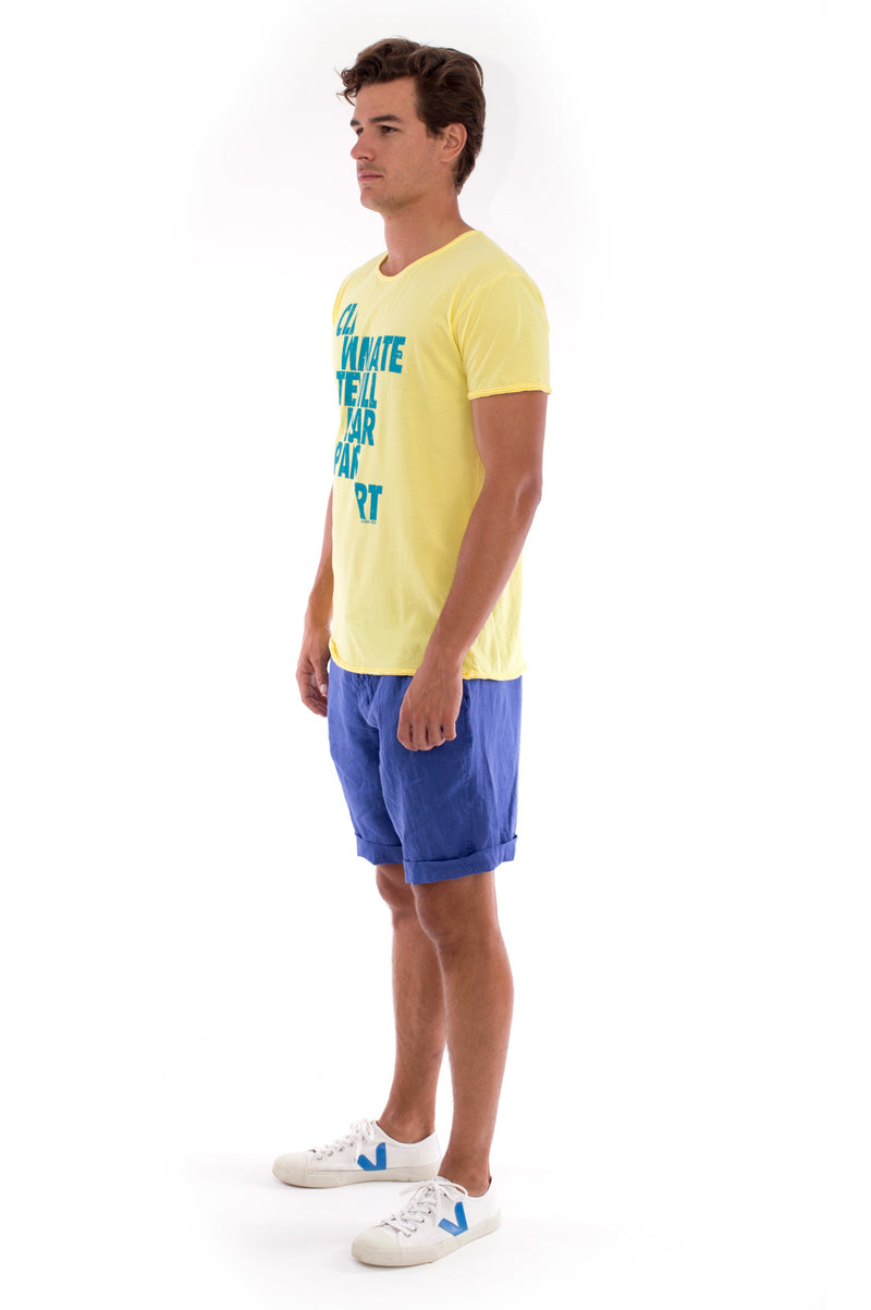 Climate will tear us… - Round Neck - Cut Off - Tshirt - Colour Yellow and Capri Shorts - Colour Blue -3