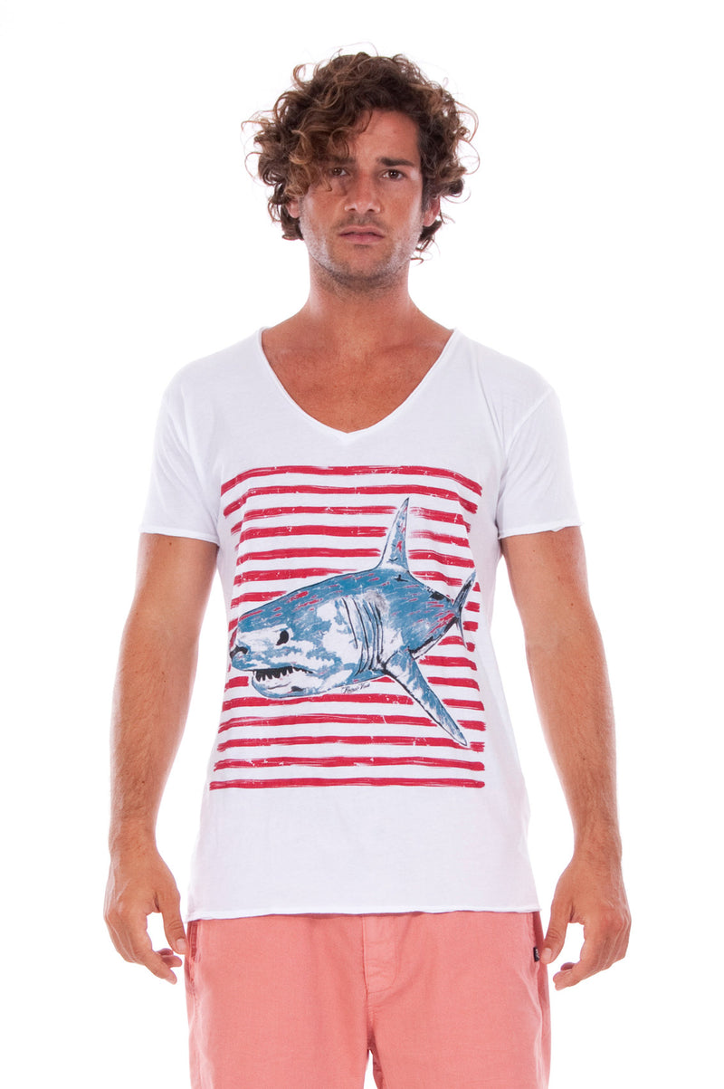 Shark - V Neck - Cut Off - Tshirt - Colour White and Raven Shorts - Colour Clay 2