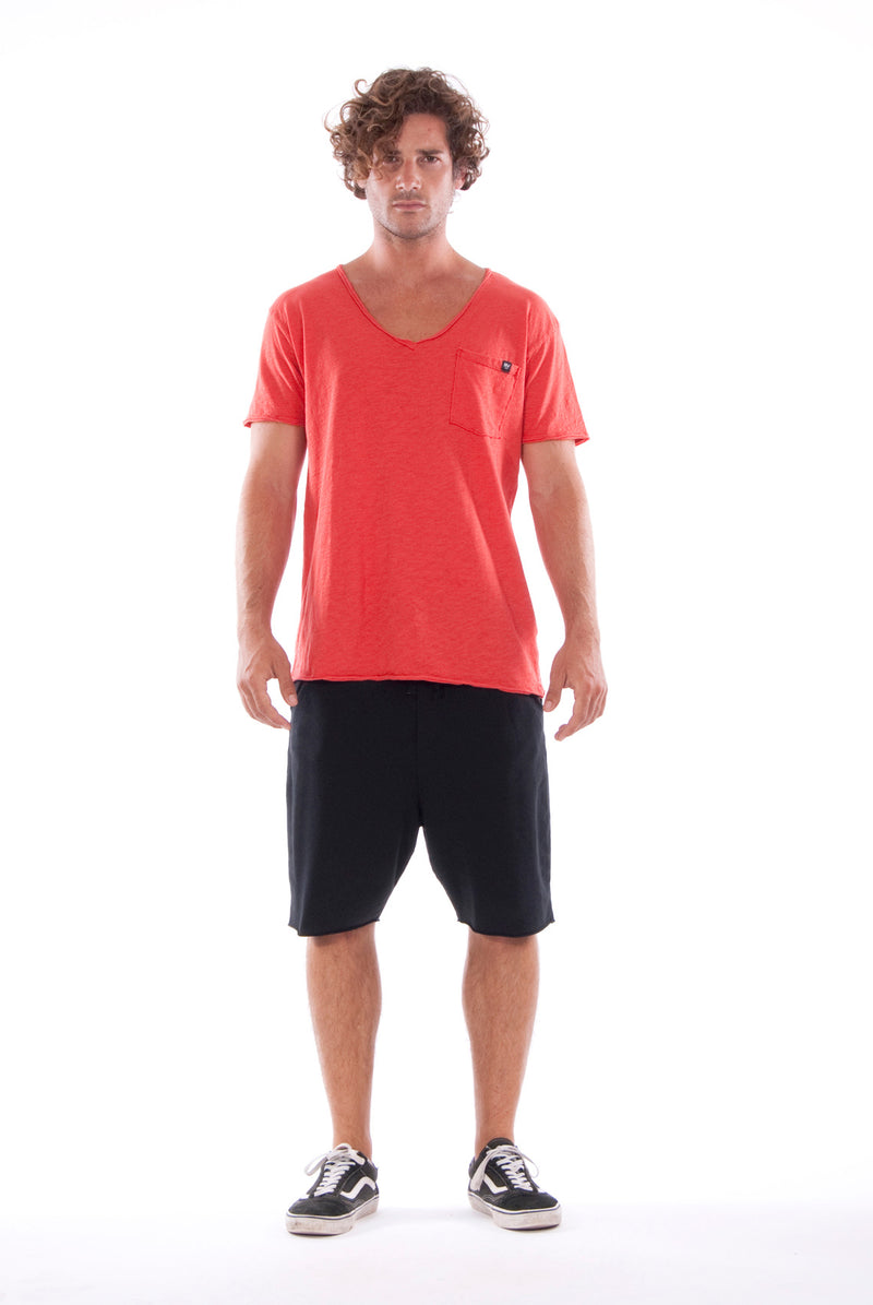 V neck - Tshirt - Cut Off - with pocket - Colour Red and Short Pants - Colour Black -1
