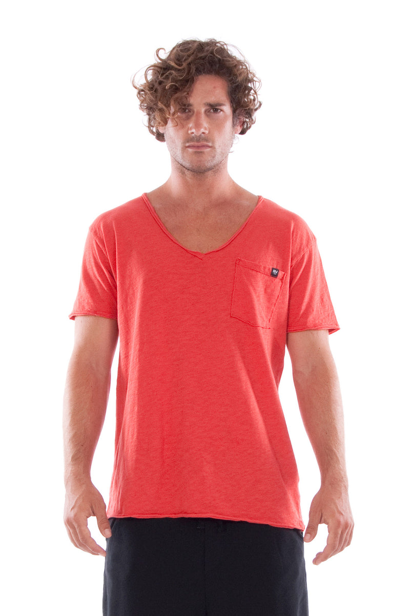 V neck - Tshirt - Cut Off - with pocket - Colour Red and Short Pants - Colour Black -2