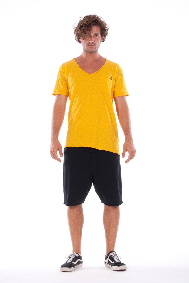 V neck - Tshirt - Cut Off - with pocket - Colour Yellow and sShort Pants - Colour Black -1