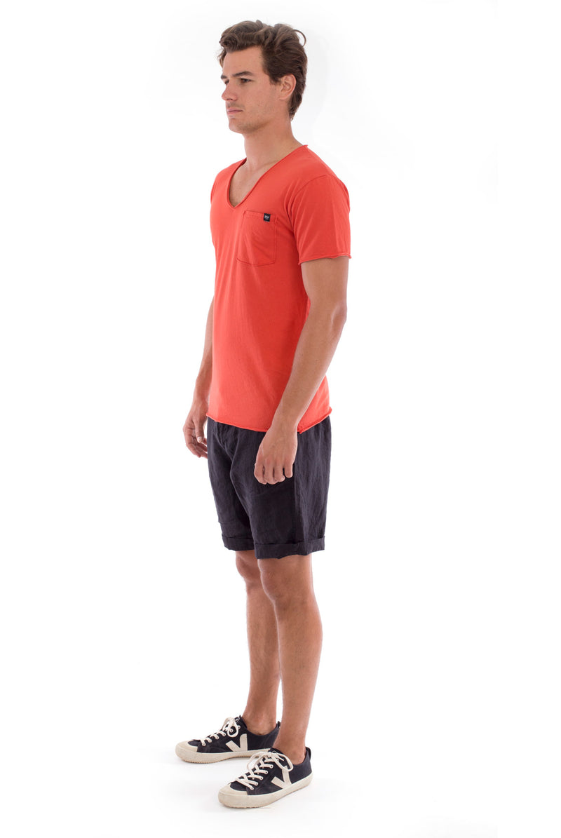 V Neck - Cut Off - Tshirt - with Pocket - Colour Terracotta and Capri Shorts - Colour Black 3