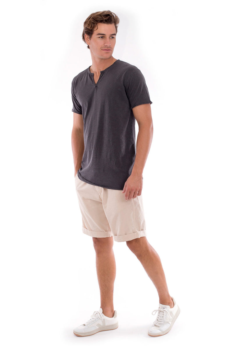 Eros Tee - Cut Off - Open Neck - Tshirt - Colour Anthracite and Raven shorts - Colour Sand 1