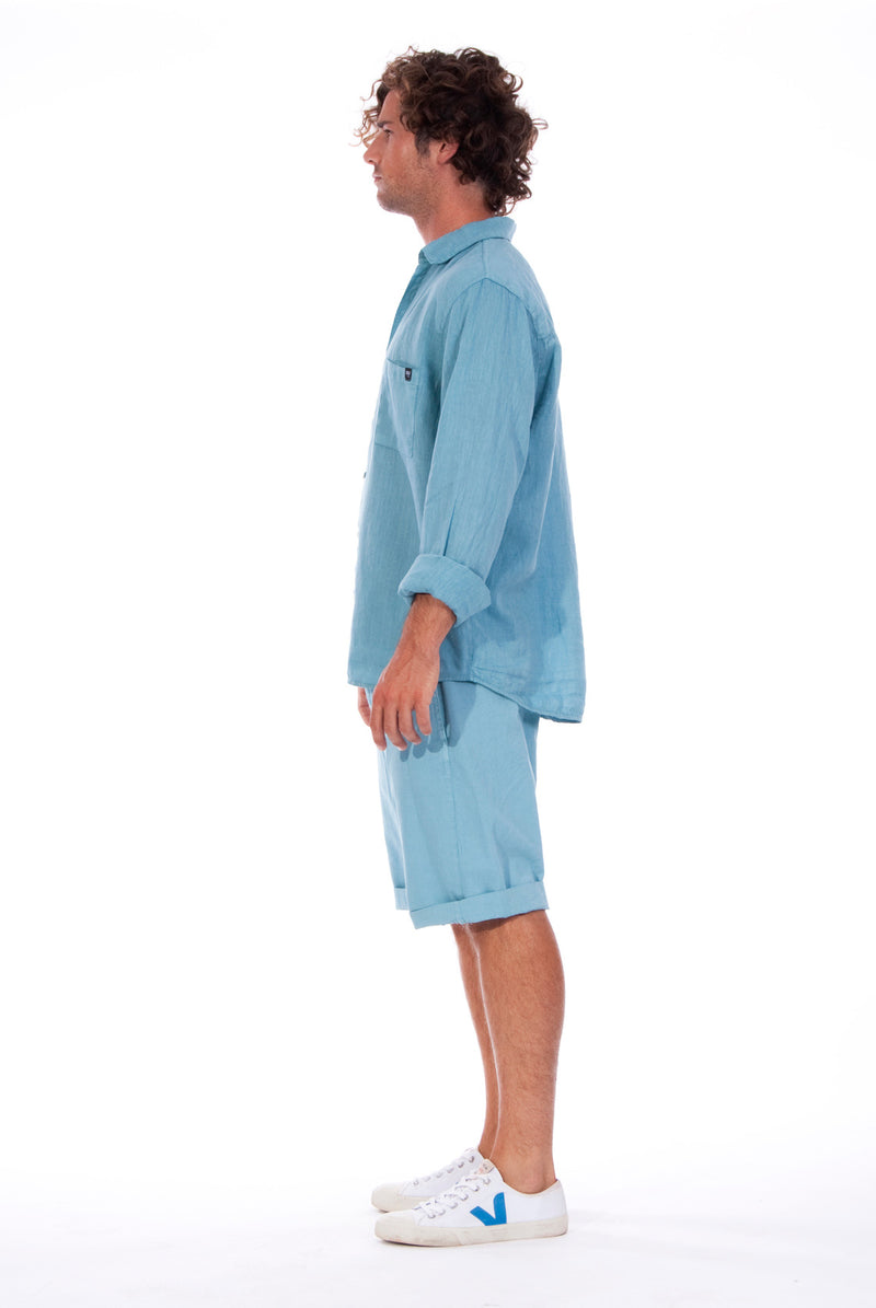 Lennon - Loose Fit - Linen Shirt -Colour Blue and Raven shorts - Colour Blue - 3