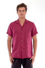 Marlon - Short Sleeve - Linen Shirt - Colour Garnet and Positano Pants - Colour Black 2