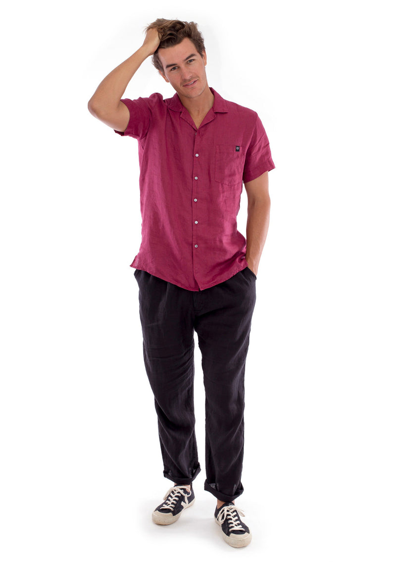 Marlon - Short Sleeve - Linen Shirt - Colour Garnet and Positano Pants - Colour Black 1