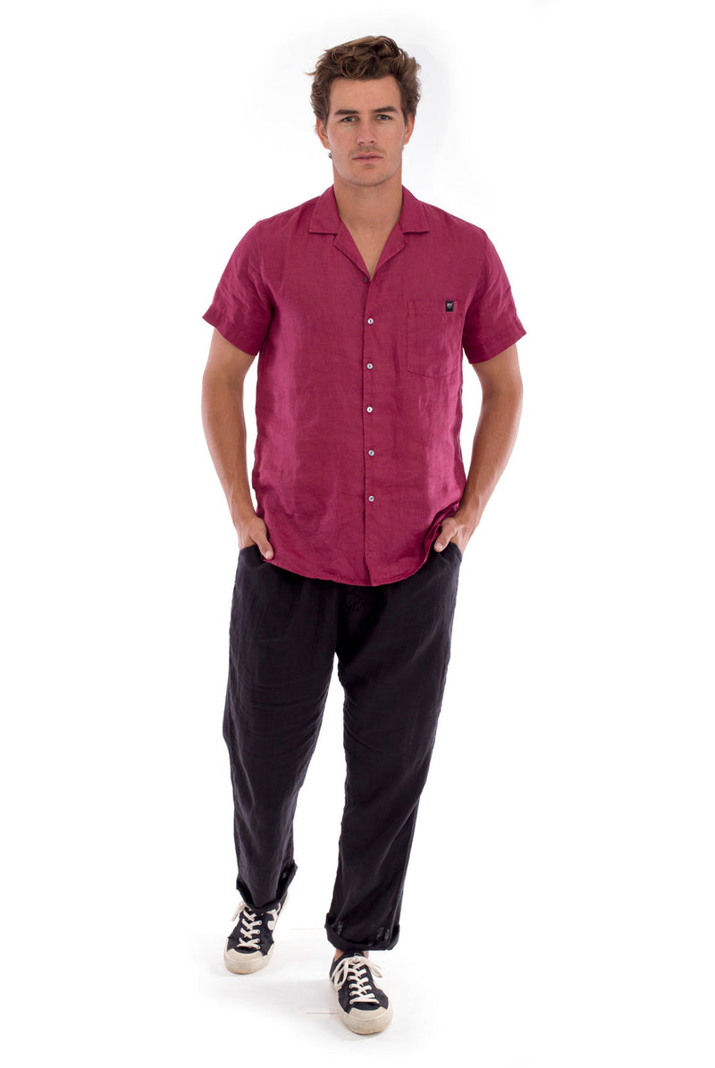 Marlon - Short Sleeve - Linen Shirt - Colour Garnet and Positano Pants - Colour Black 5