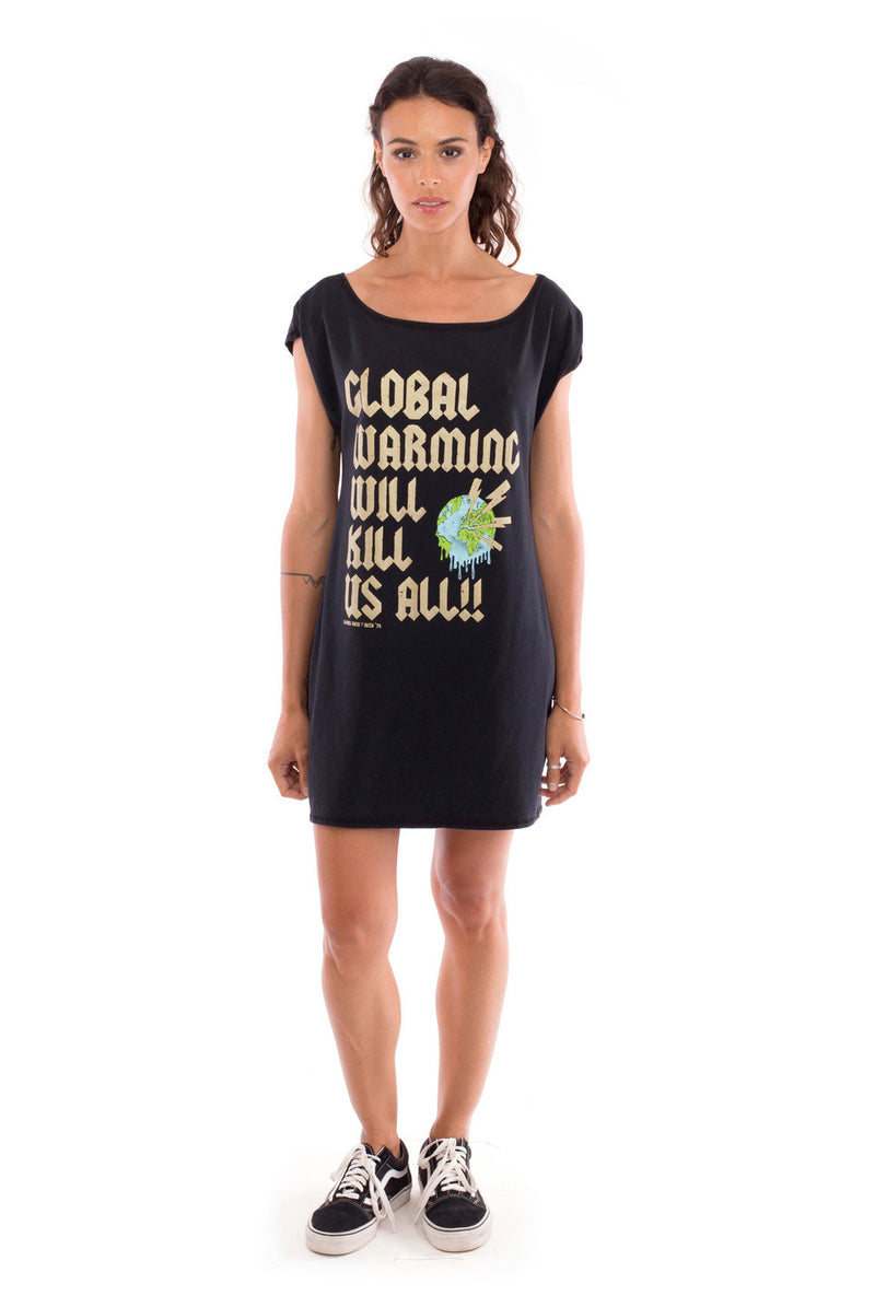 Global warming will… - Loose Fit - Boat Neck - Dress - Colour Black 1