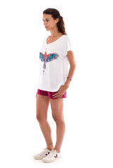 Raven - V Neck - Loose Fit - Top - Colour White and sunset mini shorts - Colour Garnet -3