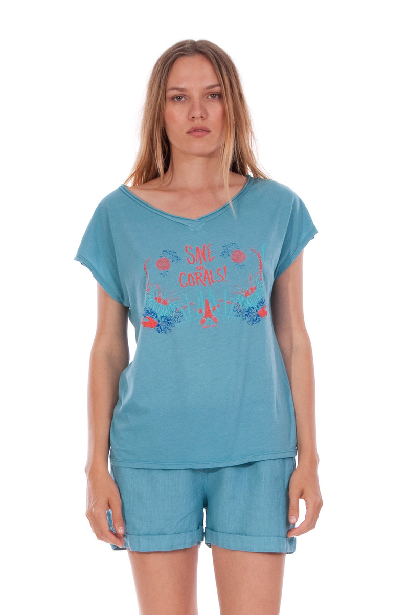 Save the corals - V Neck - Loose Fit - Top - Colour Blue and Creta shorts - Colour Blue -2