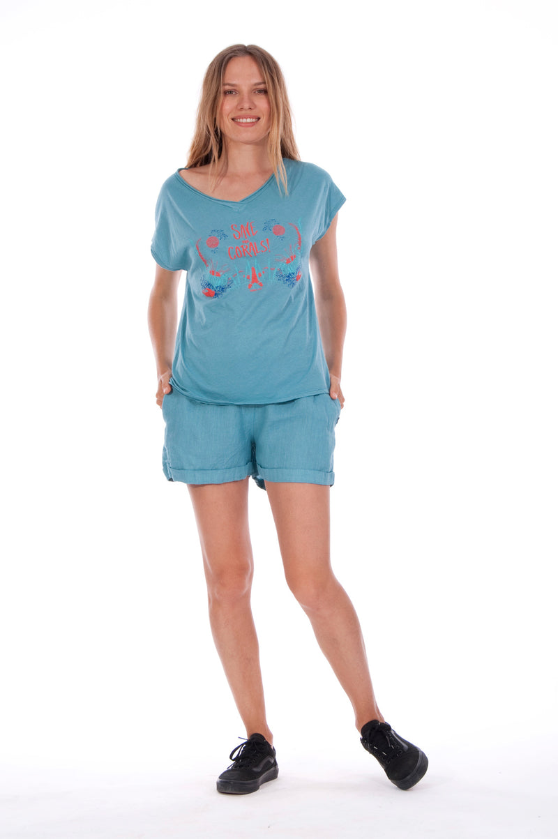 Save the corals - V Neck - Loose Fit - Top - Colour Blue and Creta shorts - Colour Blue -1