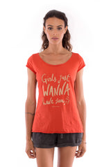 Girls just wanna - Round Neck - Cut Off - Top -Colour Terracotta and sunset mini shorts anthracite 2