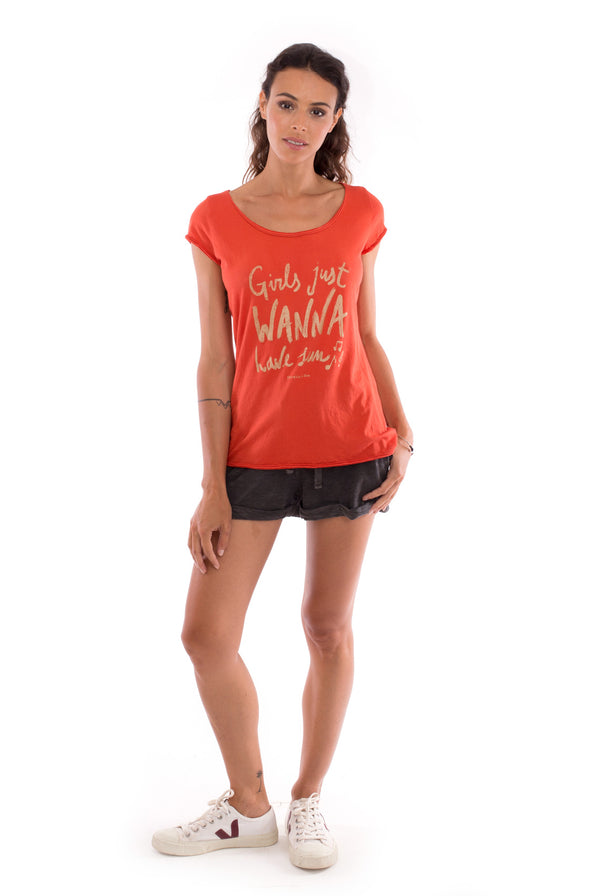 Girls just wanna - Round Neck - Cut Off - Top -Colour Terracotta and sunset mini shorts anthracite 1