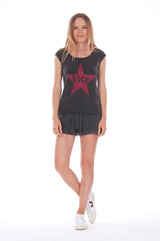 Rock Star - Round Neck - Cut Off - Top - Colour Anthracite and sunset mini shorts - Colour Anthracite 1