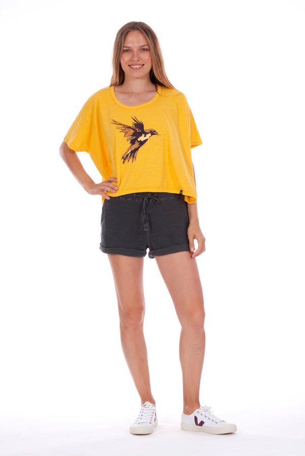 Gold Raven - Round Neck - Wide - Loose Fit - Top - Colour Yellow and sunset mini shorts - Colour Anthracite - 1