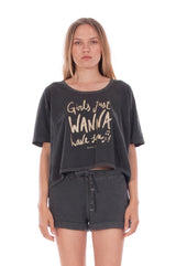Girls just wanna- Round Neck - Wide - Loose Fit - Top - Colour Anthracite and sunset mini shorts - Colour Anthracite - 2