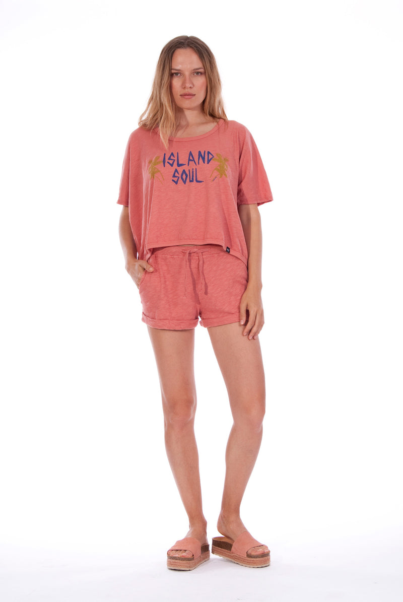 Island Soul - Round Neck - Wide - Loose Fit - Top - Colour Clay and sunset mini shorts - Colour Clay - 1