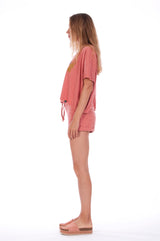Island Soul - Round Neck - Wide - Loose Fit - Top - Colour Clay and sunset mini shorts - Colour Clay - 3