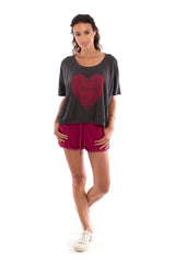 Love Earth - Round Neck - Loose Fit - Top - Colour Anthracite and sunset mini shorts - Colour Garnet - 1