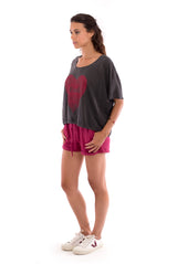 Love Earth - Round Neck - Loose Fit - Top - Colour Anthracite and sunset mini shorts - Colour Garnet - 3