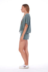 Natural Rebel - Round Neck - Wide - Loose Fit - Top - Colour Green and sunset mini shorts - Colour Green -3