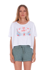 Save the corals - Round Neck - Wide - Loose Fit - Top - Colour White and sunset mini shorts - Colour Green -2