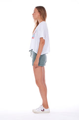 Save the corals - Round Neck - Wide - Loose Fit - Top - Colour White and sunset mini shorts - Colour Green -3