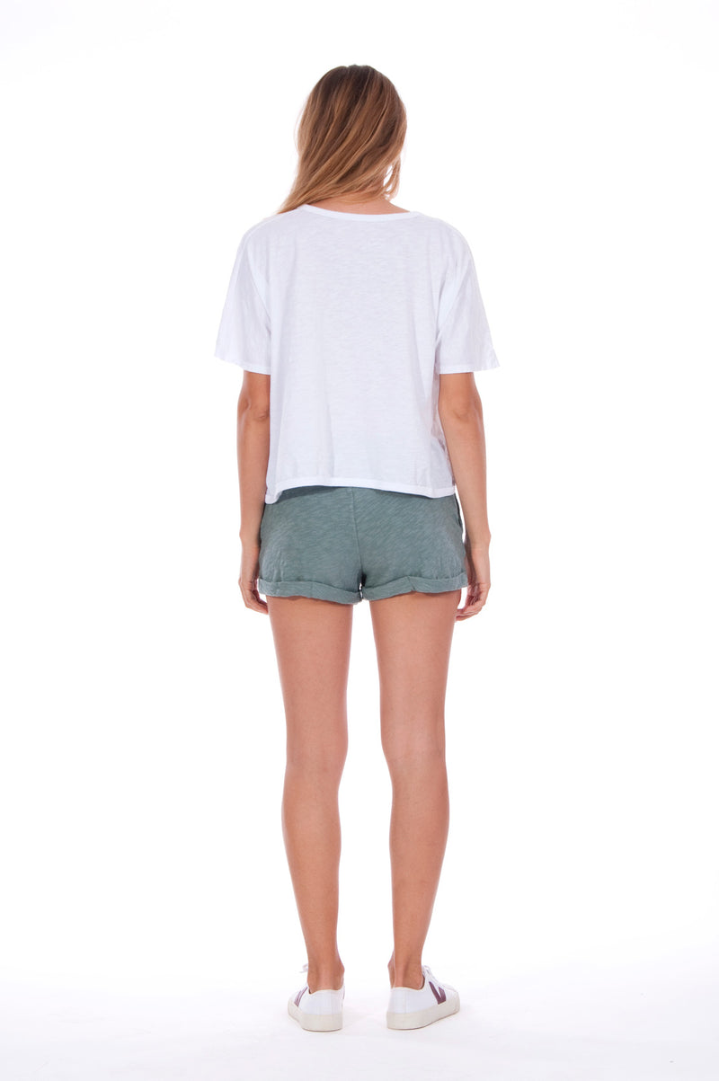 Save the corals - Round Neck - Wide - Loose Fit - Top - Colour White and sunset mini shorts - Colour Green -4