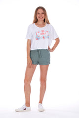 Save the corals - Round Neck - Wide - Loose Fit - Top - Colour White and sunset mini shorts - Colour Green -1