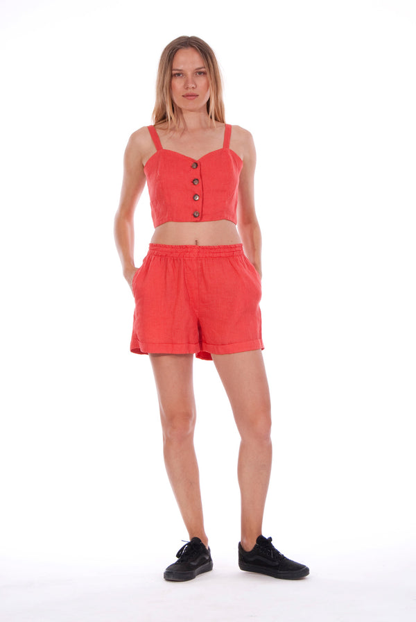 Creta - Linen Shorts - RV by Elisa F - Colour Red and Capri - Top - Colour Red